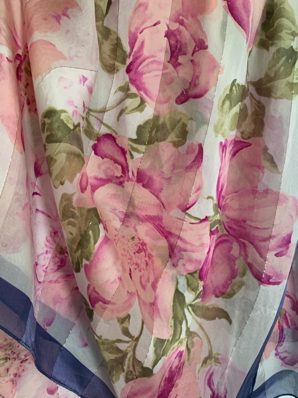 100% SILK  Floral Scarf - Square 35x35 Pink Roses w Navy Border